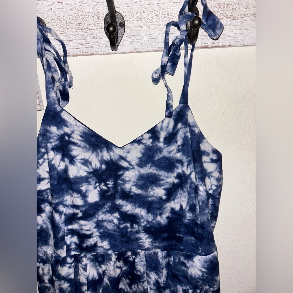 GAP Size 6 Blue Tie Dye Midi Dress- Smocked / Stretch Back, Tie Straps, Lined - Picture 3 of 11
